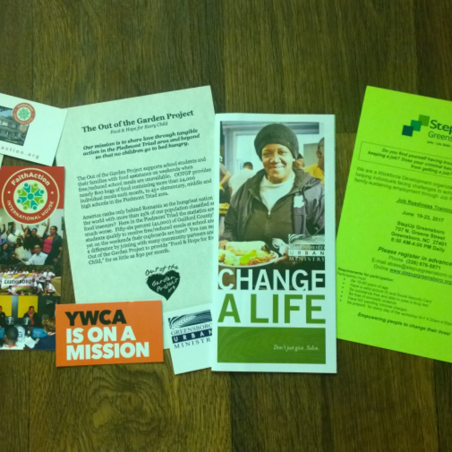 Marketing materials from most of our AmeriCorps program's partner agencies (Missing are the Interactive Resource Center and the Center for New North Carolinians.)